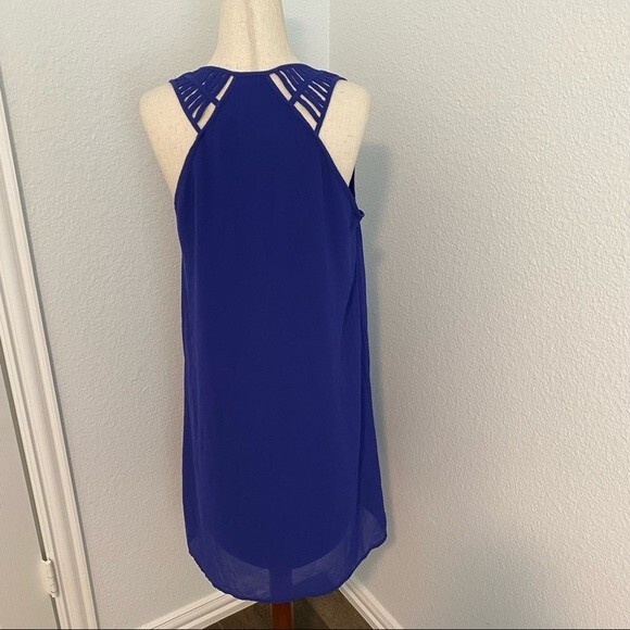UA LA Cut Out Lattice Detail Dress Sleeveless Sexy Blue Purple Silk Midi SZ L - Picture 1 of 10